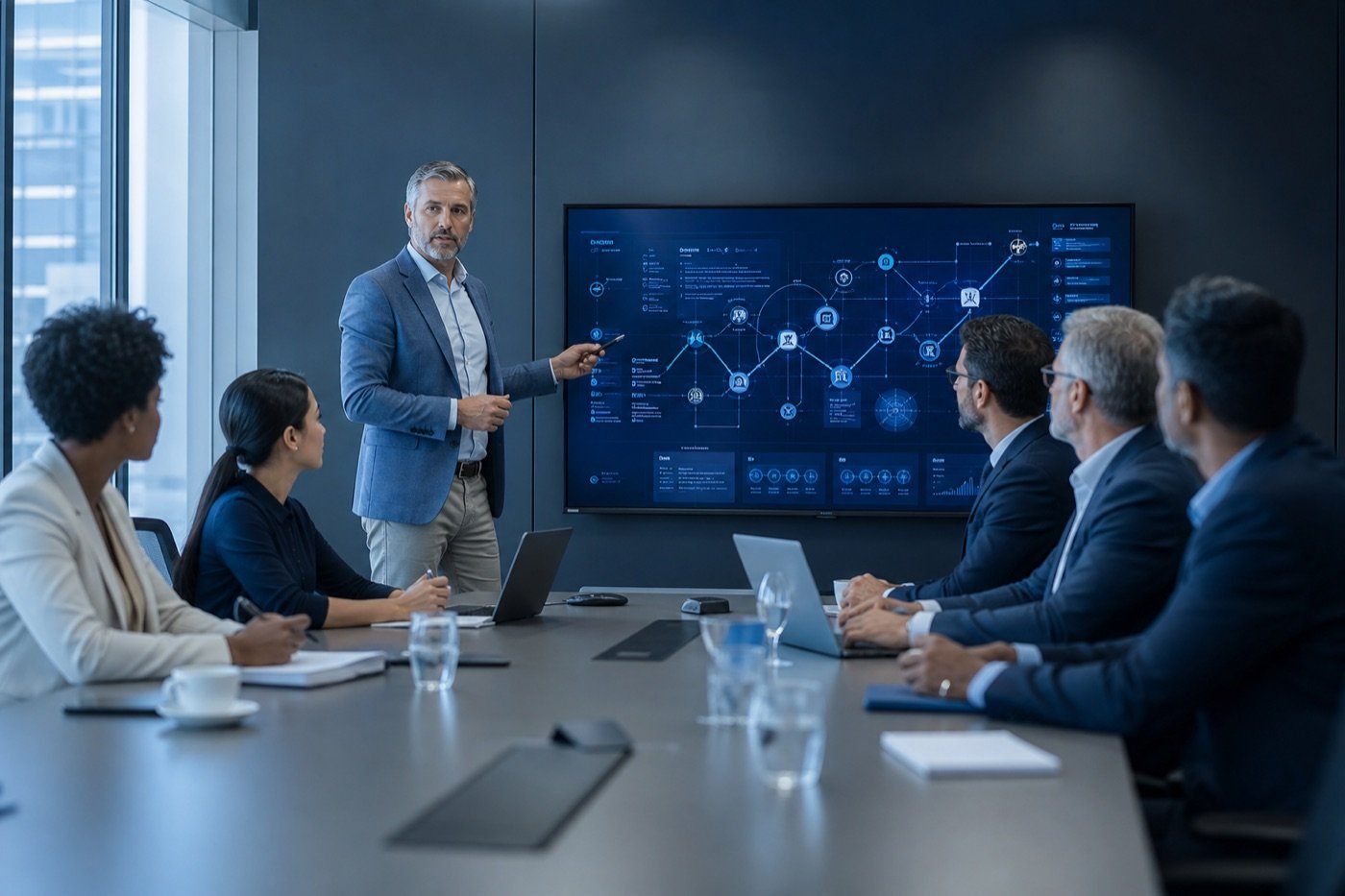 Business leaders discussing digital transformation strategy