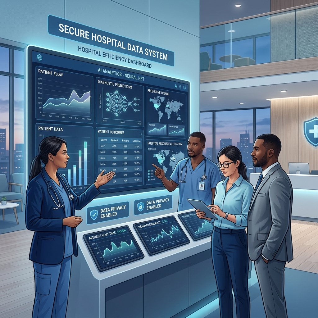 Healthcare professionals collaborating around digital dashboard