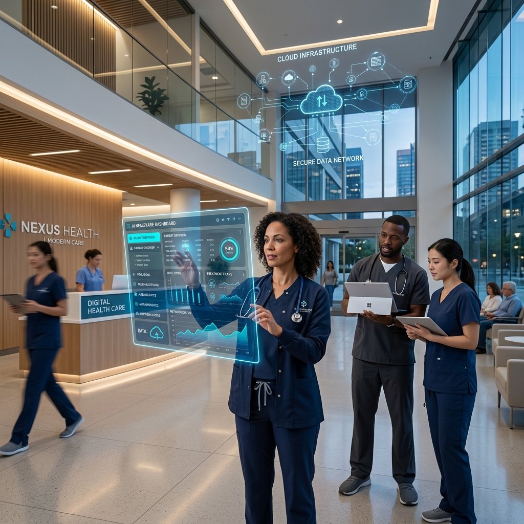 Modern premium healthcare technology environment with doctors and tablets