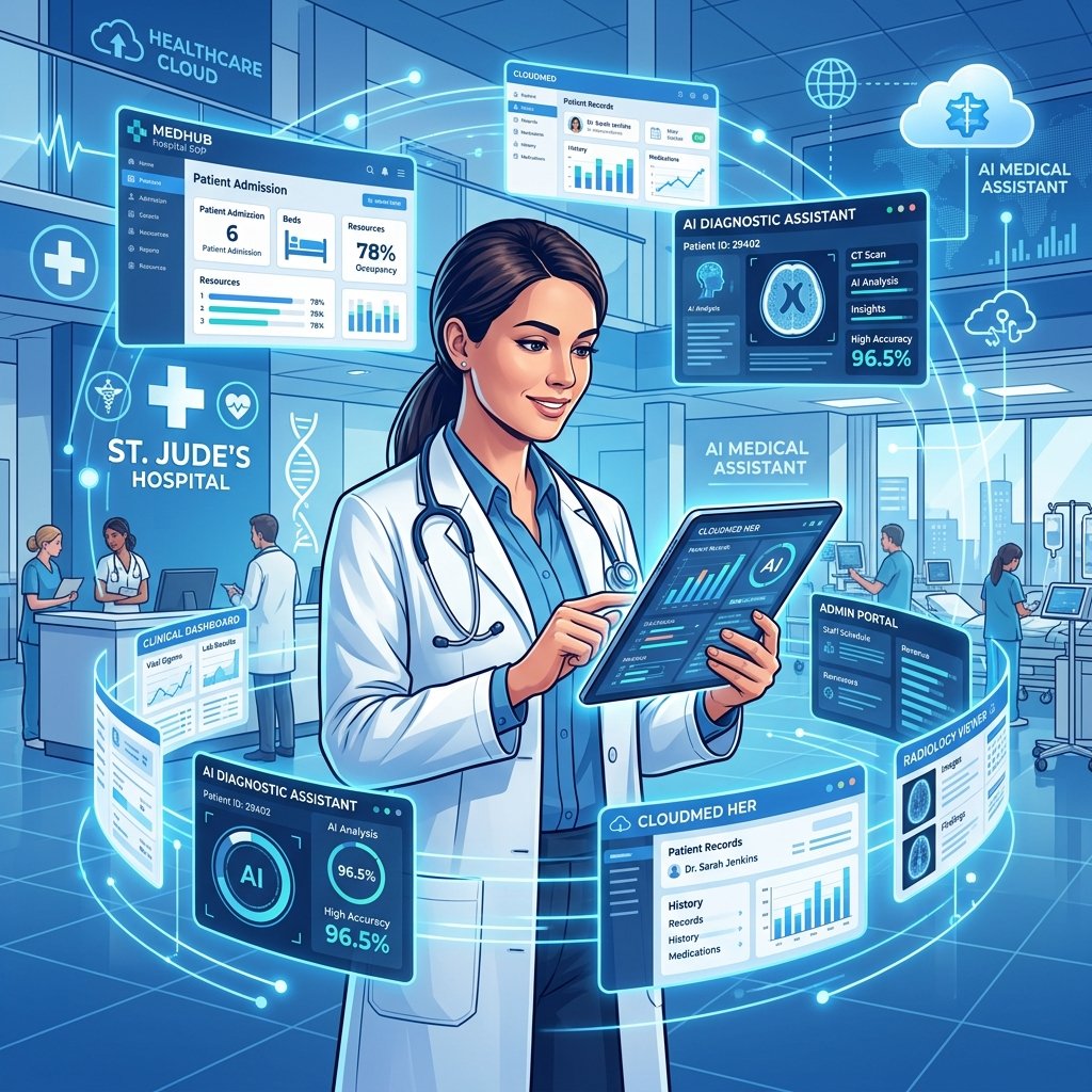 Multiple healthcare software dashboards floating around doctor