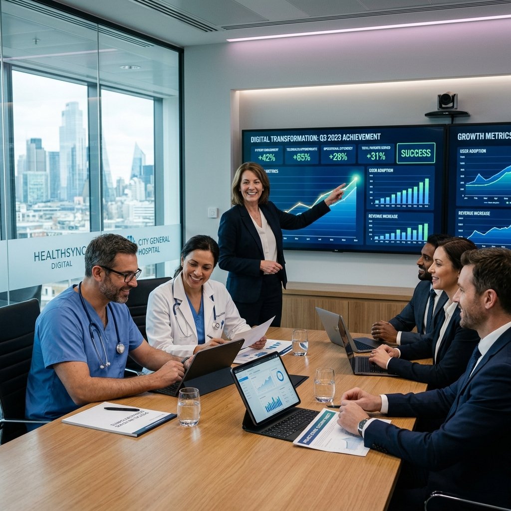 Executive meeting showing successful healthcare digital transformation project
