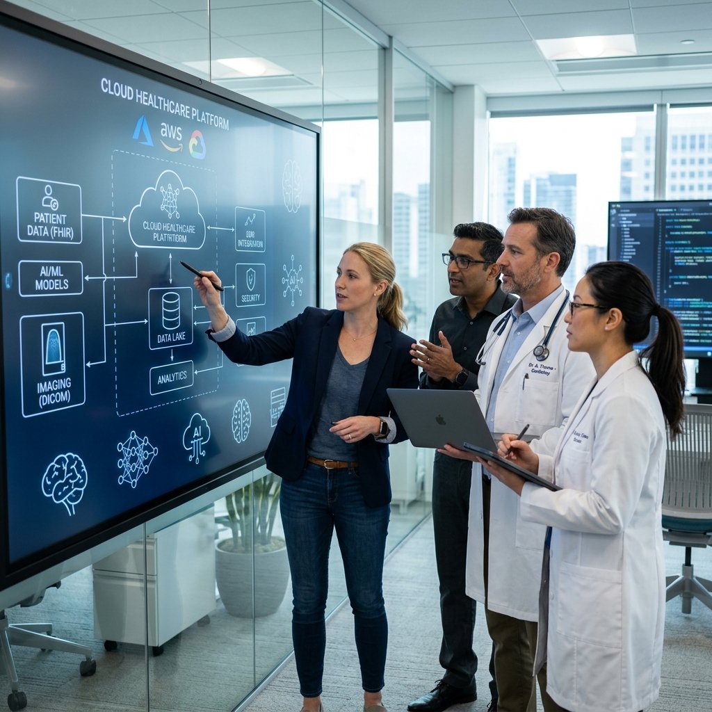 Healthcare IT engineers working together with doctors